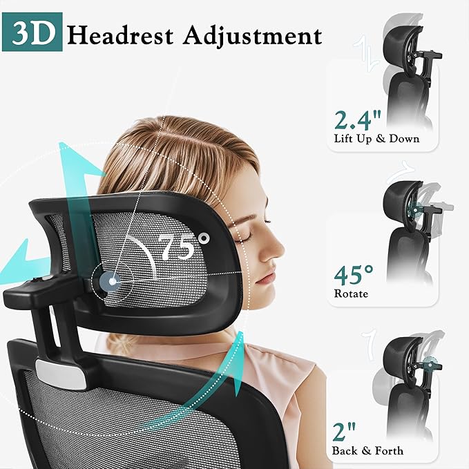 VECELO High Back Ergonomic Office Chair, Big and Tall Mesh Desk Chair with Wheels, Tilt Function, 3D Armrests & Headrest, Lumbar Support, Swivel Rolling Computer Chair for Task, Home Office, Black-DeskLoop Office