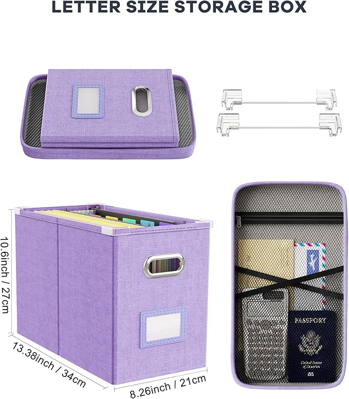Oterri File Organizer Box with Lid, Hanging Filing File Box with Mesh Pocket, Document Organizer Box for Letter Files, Portable Storage Box with Smooth Sliding Rail for Office&Home (1 PCS, Lavender)-DeskLoop Office