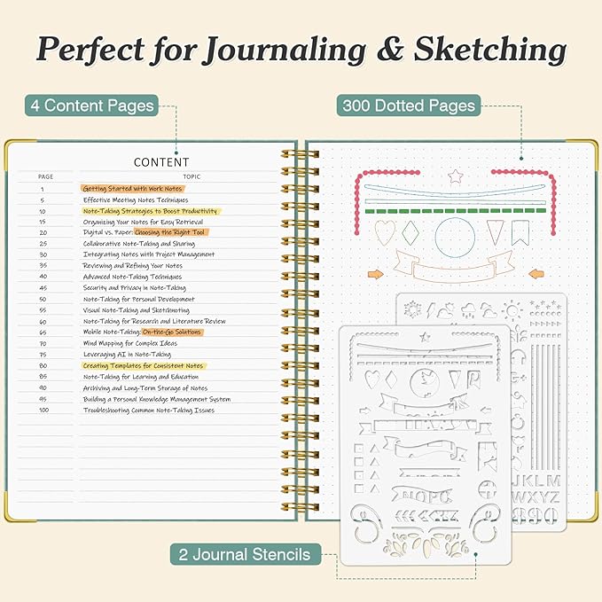 Bullet Dotted Journal Spiral Notebook, 300 Pages Leather Notebooks with Contens, 120 GSM Thick No Bleed Through Paper Journals, A5 Dot Grid Notebook for Women Men School Work Writing, 5.5" x 8", Black-DeskLoop Office