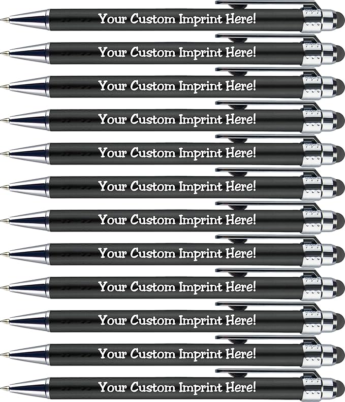 Personalized Pens with Stylus Tip -Bright Vibes- Click action - Custom - Black writing - Printed Name pens - Imprinted with Your Logo or Message - FREE PERSONALIZATION - 12 Pens/Box (Black)-DeskLoop Office