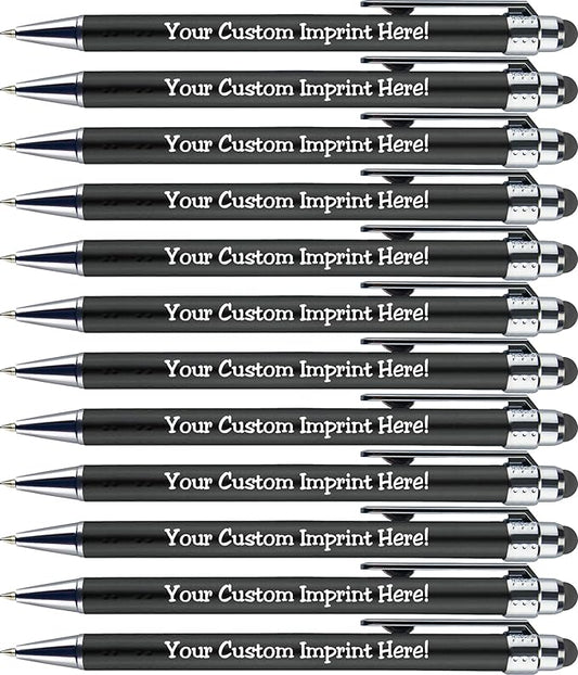 Personalized Pens with Stylus Tip -Bright Vibes- Click action - Custom - Black writing - Printed Name pens - Imprinted with Your Logo or Message - FREE PERSONALIZATION - 12 Pens/Box (Black)-DeskLoop Office