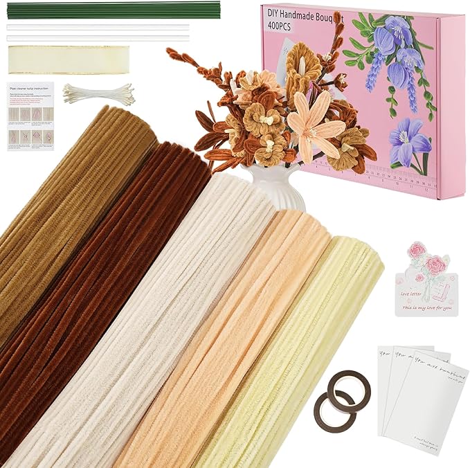 400 PCS Pipe Cleaners Bulk,5 Colors Pipe Cleaners Craft for Flowers with Floral Wires,Gardening Tape,Greeting Card,Bouquet Paper,Hot Glue Stick,Stamen & Ribbon,Ideals for DIY Holiday Deco-DeskLoop Office