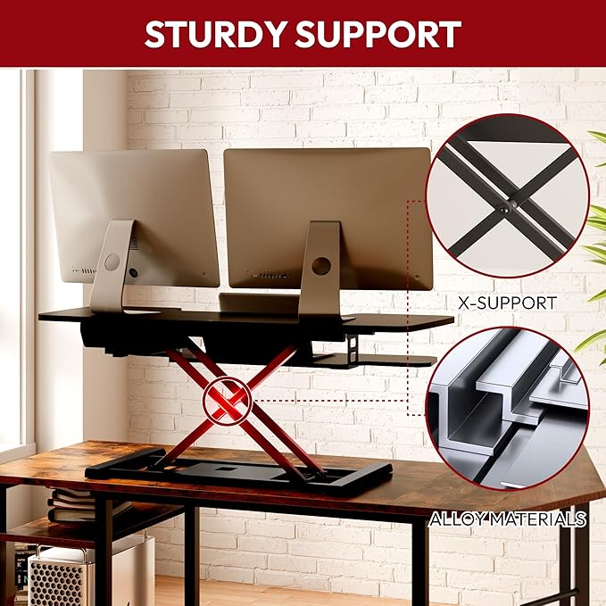 SANODESK 42" Electric Standing Desk Converter, Height Adjustable Riser for Office Home,Dual Monitor and Laptop Workstation with Large Keyboard Tray,Black Color-DeskLoop Office