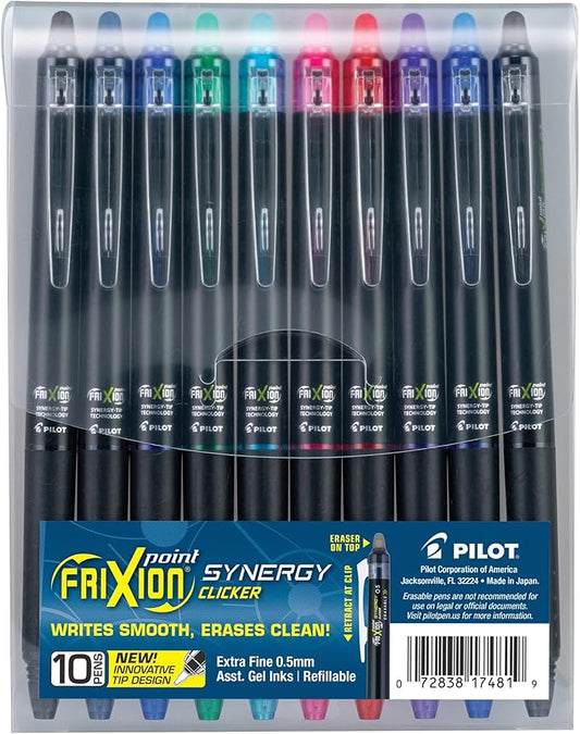 Pilot, FriXion Synergy Clicker Erasable, Refillable, Retractable Gel Ink Pens, Extra Fine Point 0.5 mm, Pack of 10, Assorted Colors-DeskLoop Office