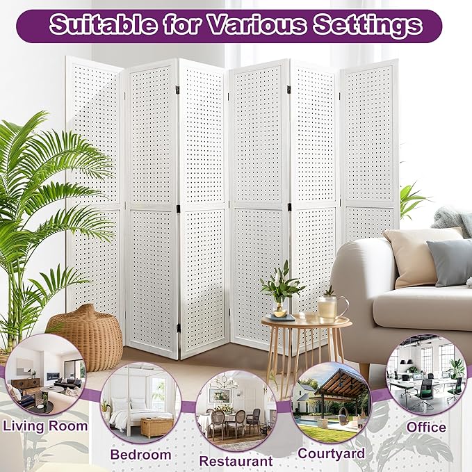 Room Divider, 5.6FT Folding Room Divider Panel, 6 Panel Pegboard Display Wood Partition Wall Divider for Room Separation& Craft Shows, White-DeskLoop Office