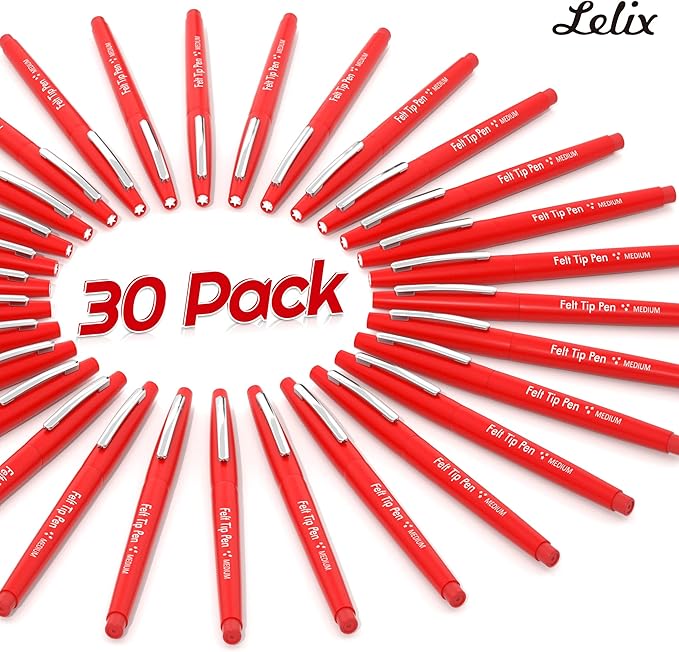 Lelix Felt Tip Pens, 30 Red Pack, 0.7mm Medium Point, Felt Tip Markers Pens for Journaling, Writing, Note Taking, Planner, Perfect for School Office and Art Supplies-DeskLoop Office