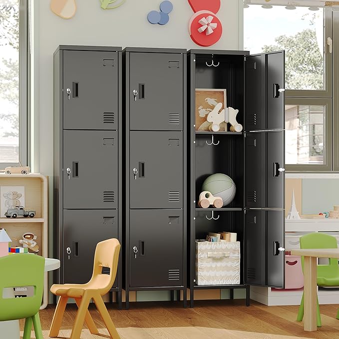 Aobabo 16" W 3 Door Metal Storage Locker with Lock, 66" H Steel Locker with Name Card Holder and Metal Hook for School, Home, Office, Playroom, Assembly Required, Black-DeskLoop Office