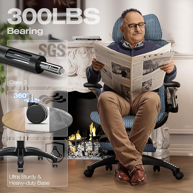 ELABEST X100 Ergonomic Office Chair with Footrest, Big and Tall Home Desk Chair with 5D Flip-Up Arms, Adjustable 8D Lumbar Support,High Back Rolling Computer Chair, Swivel Mesh Chairs (Oaxaca Blue)-DeskLoop Office