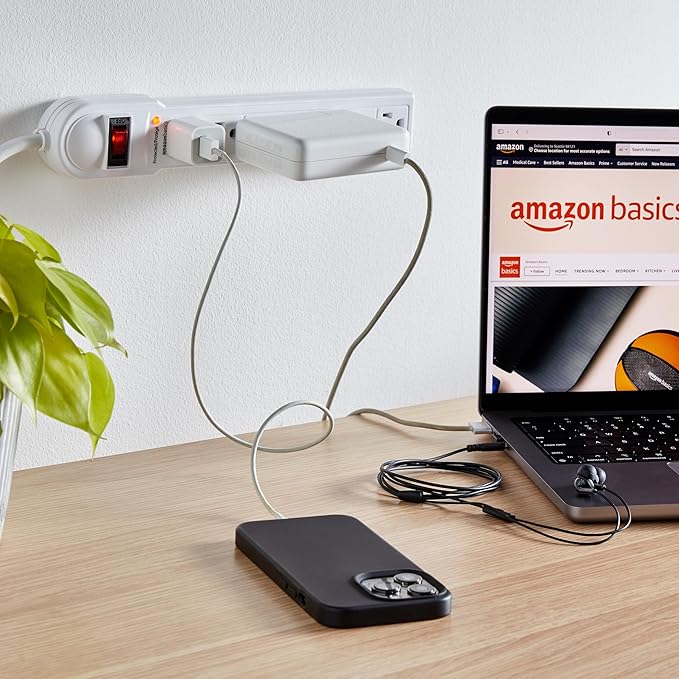 Amazon Basics Surge Protector Power Strip, 6-Outlet, 790 Joules, LED Indicator, 6ft Extension Cord, White-DeskLoop Office