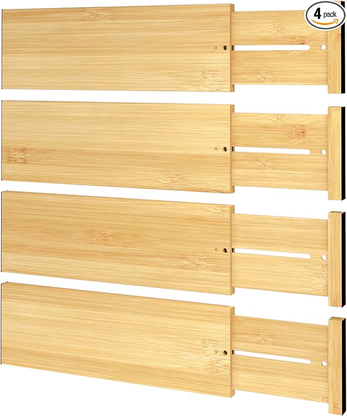 BAMEOS 4 PCS Bamboo Drawer Divider Adjustable Drawer Dividers Kitchen Drawer Organization Utensil Organizers for Kitchen Dresser Bathroom Bedroom and Office-DeskLoop Office