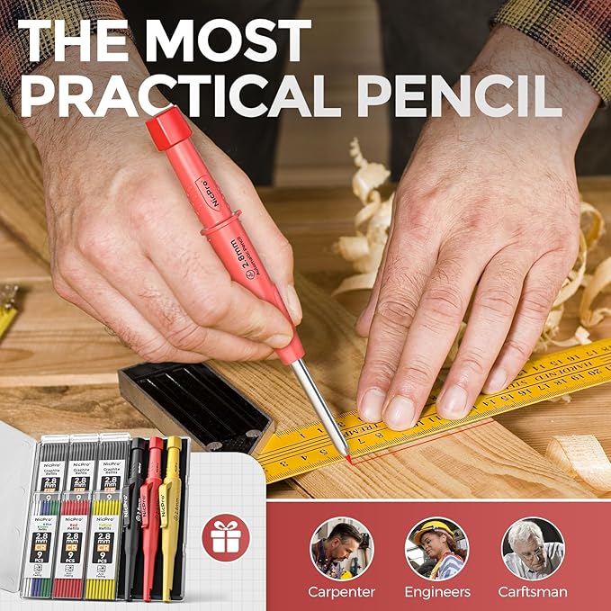 Nicpro 3 Pack CP3000 Carpenter Pencil with Sharpener, Mechanical Carpenter Pencils with 57 Refills, Construction Pencil Heavy Duty Woodworking Pencils for Architect Marking (Red, Black, Yellow)-DeskLoop Office