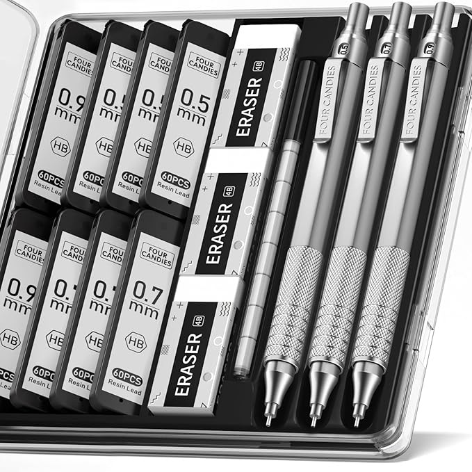 Four Candies Metal Mechanical Pencil Set, 3PCS Artist Lead Pencil 0.5mm & 0.7mm & 0.9mm with 480PCS HB Lead Refills, 3 Erasers, 9 Eraser Refills For Engineer Art Writing Drawing Drafting, Silver-DeskLoop Office