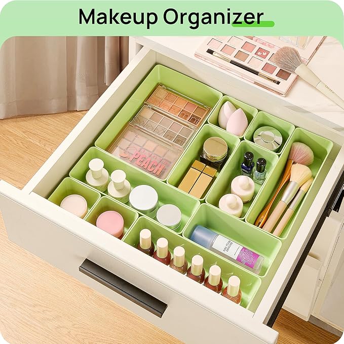 Vtopmart 25 PCS Plastic Drawer Organizers Set, 4-Size Versatile Bathroom and Vanity Drawer Organizer Trays, Storage Bins for Makeup, Bedroom, Kitchen Gadgets Utensils and Office-DeskLoop Office