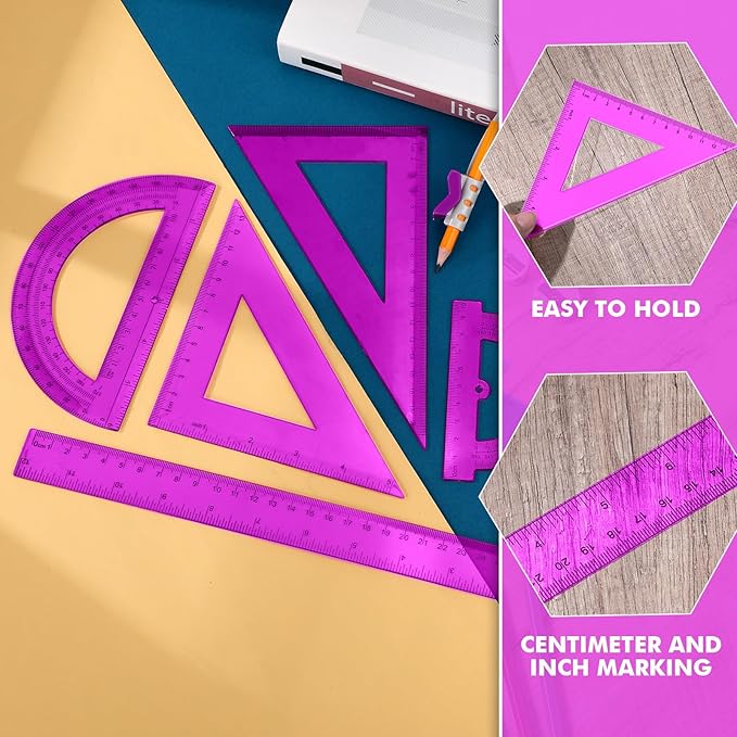 Tenare 6 Pcs Plastic Ruler Math Set Includes 12 Inch 6 Inch Straight Protractor Triangle Geometry Transparent Math Ruler Measuring Tools for School Office Home(Purple)-DeskLoop Office