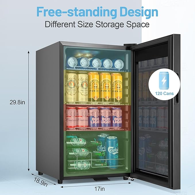 Beverage Refrigerator Cooler, 17 Inch 120 Cans Freestanding Mini Fridge with Glass Door, Adjustable Shelves and LED Light, Small Drink Fridge Counter-top Beer Fridge for Bedroom Office Bar-DeskLoop Office