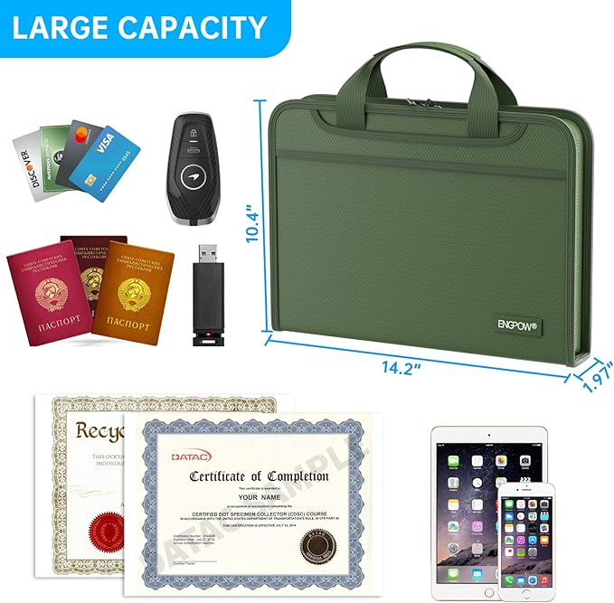 ENGPOW Accordion File Organizer,Fireproof Expanding File Folder with Multi Pockets,13 Pockets Document Organizer with Handle & Labels,Portable Home Travel Safe Storage for Letter A4 Files,Green-DeskLoop Office