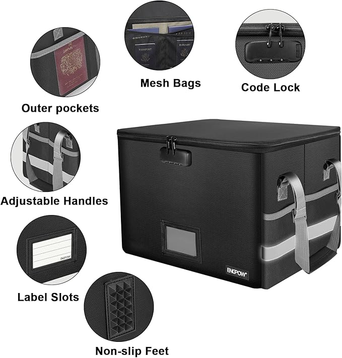 ENGPOW File Box with Lock, Fireproof Document Box with Pockets, Collapsible File Organizer Filing Storage Cabinet with Handle, Portable Home Office Safe for Hanging Letter/Legal Folders,Black,2 Pack-DeskLoop Office