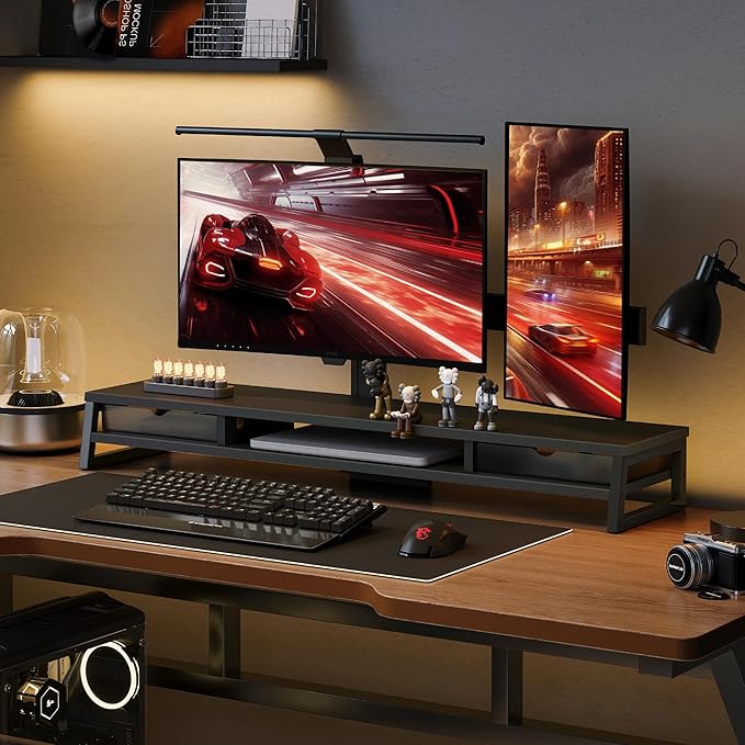 Fenge Dual Monitor Stand, Monitor Riser with Drawer, 42.5 Inch Large Computer Monitor Stand for 2 Monitors, 2 Tier Wooden Desk Shelf for Top of Desk-DeskLoop Office