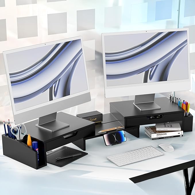 Simple Houseware Desk Dual Monitor Stand Riser with Pull-Out Drawers, Black-DeskLoop Office