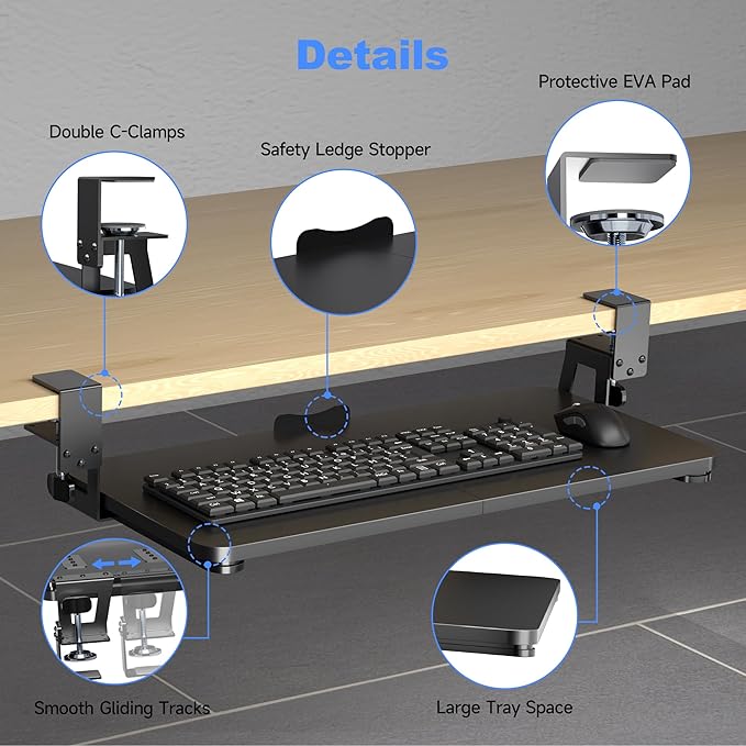 Keyboard Tray Under Desk Large C-Clamp 25.6” (30” Including Clamps) x 11.8” Slide-Out Platform Computer Drawer Pull Out Keyboard & Mouse Tray Black DSF4-DeskLoop Office
