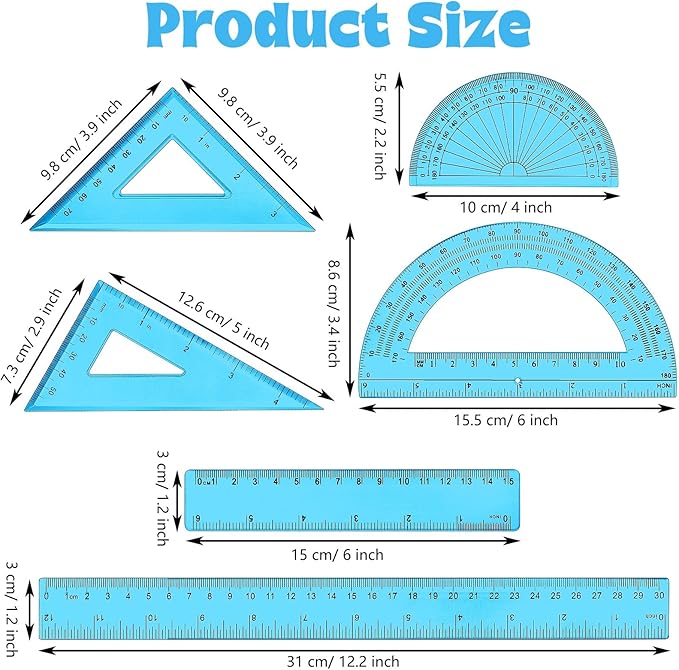 Tenare 1 Set Plastic Clear Math Set Includes Protractor Triangle Rulers 12 Inch 6 Inch Straight Geometry Math Transparent Ruler Measuring Tool for School Office Home Supplies(Blue)-DeskLoop Office