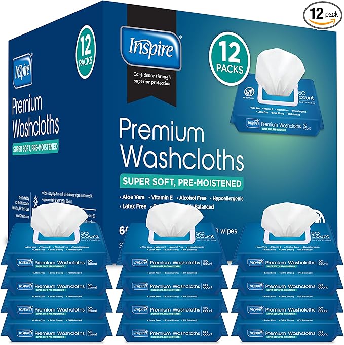 Inspire Adult Wet Wipes, Wash Cloths | Adult Wipes for Incontinence & Cleansing for Elderly, 8"x12" Count 12 packs of 50-DeskLoop Office