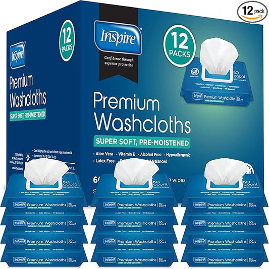 Inspire Adult Wet Wipes, Wash Cloths | Adult Wipes for Incontinence & Cleansing for Elderly, 8"x12" Count 12 packs of 50-DeskLoop Office