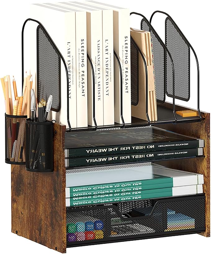 Wood Desk Organizer - 4-Tier Desktop File Organizer with Drawer, Wooden Paper Tray, Vertical File Holders & 2 Pencil Holders - Office Desk Organizer for Papers, Mail, Notebooks, Stationery-DeskLoop Office