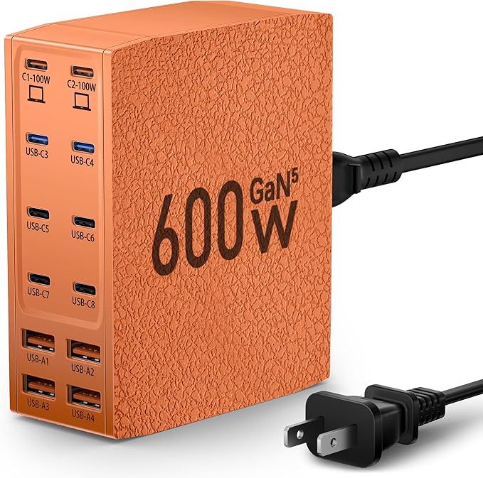Charging Station (600W),12-Port USB C Charger Block with Dual 100W PD USB-C Fast Charging Station Hub for MacBook Pro/Air/All iPad iPhone 17/16 15/14/13/Pro Max/Samsung Galaxy Note(Orange)-DeskLoop Office