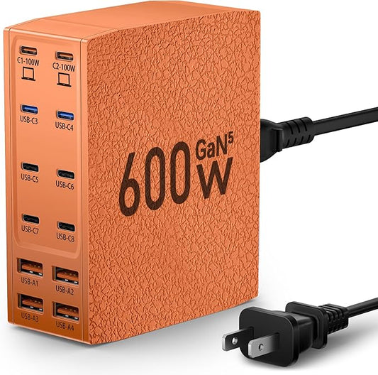 Charging Station (600W),12-Port USB C Charger Block with Dual 100W PD USB-C Fast Charging Station Hub for MacBook Pro/Air/All iPad iPhone 17/16 15/14/13/Pro Max/Samsung Galaxy Note(Orange)-DeskLoop Office