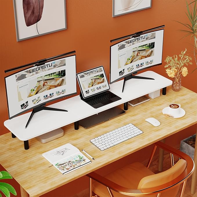 Dual Monitor Stand Riser 43.7 inch Large Extra Long Monitor Stand Riser Wide TV Stand Riser Monitor Stand for 2 Monitors Wood & Steel Leg Desktop Riser Desk Organization Home Office (White)-DeskLoop Office