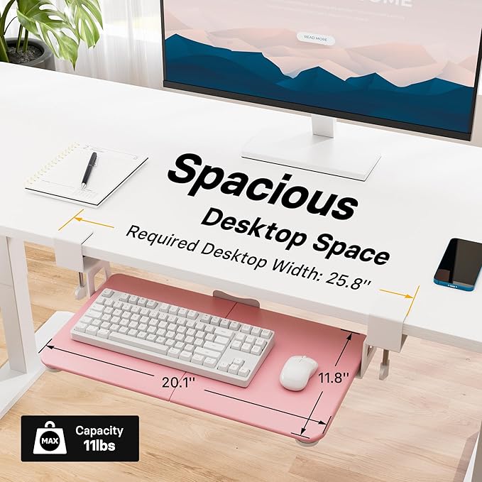 BONTEC KMT01-PJ Under Desk Keyboard Tray, Pull-Out Keyboard & Mouse Platform with C-Clamp, 20 x 11.8 in Space-Saving Ergonomic Slide-Out Drawer, Pink-DeskLoop Office