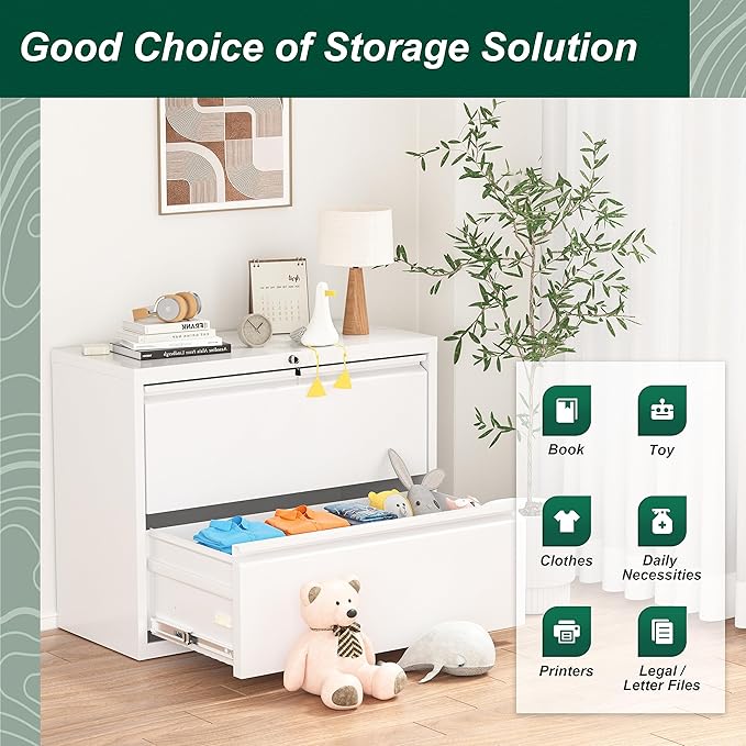 Superday Metal Lateral File Cabinet, 2 Drawer File Cabinet, White Filing Cabinets with Lock, Filing Cabinets for Home Office/Legal/Letter/A4, Home Office Furniture for Hanging File-DeskLoop Office