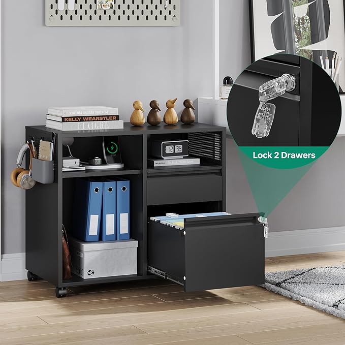 Letaya Mobile File Cabinet, Metal Lateral Rolling Printer Stand Filing Cabinets with Shelves for Home Office-Storage A4/F4/Letter (Black)-DeskLoop Office
