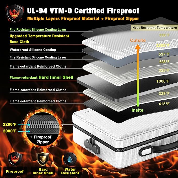 Fireproof Document Box with Fireproof Zipper, Hard Inner Shell Fireproof Document Bag with Lock, Fireproof Water Resistant Important Document Organizer 16 inch Laptop File Briefcase (Silver)-DeskLoop Office