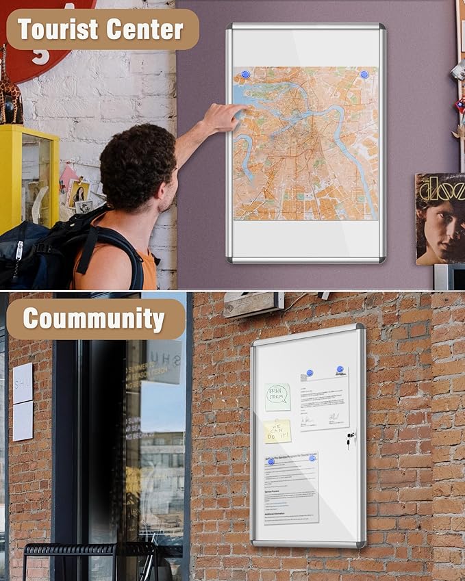 36"x24" Enclosed Bulletin Board, Lockable Weather-Resistant Aluminum Noticeboard for School & Office, Silver Frame w/Magentic Whiteboard-DeskLoop Office