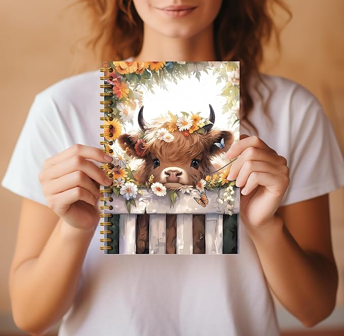 Floral Highland Cow Notebook - Western Cow Notebook, Highland Cow Office Supplies, Highland Cow Gifts, Cow Lover Gifts, Cute Cow Stuff, Cute Daisy Flower Highland Cow Spiral Notebook 5.5x8.3-DeskLoop Office