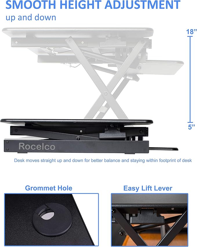 Rocelco 32" Height Adjustable Standing Desk Converter - Sit Stand Computer Workstation Riser - Dual Monitor Retractable Keyboard Tray Gas Spring Assist - Black (R EADRB2)-DeskLoop Office