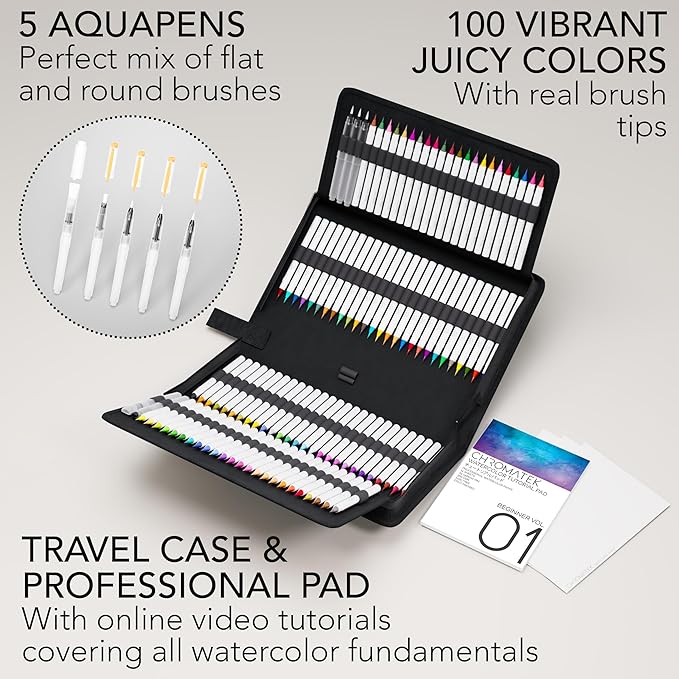 CHROMATEK 108 Watercolor Pens Set | Including 15 Page Pad & Online Video Tutorial Series | 5 Aquapens & 100 Unique Colors | Real Brush Pens | Easily Blendable, Vivid and Smooth-DeskLoop Office