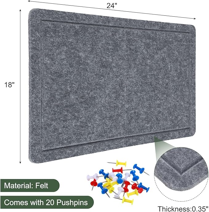 YOKIVE Felt Bulletin Board, 24 x 18 -Inch Foldable Decorative Pin Board Self Adhesive Felt Cork Board with 20 Pushpins, Great for Wall, Photo Display, Paste Note, Schedule(Gray)-DeskLoop Office