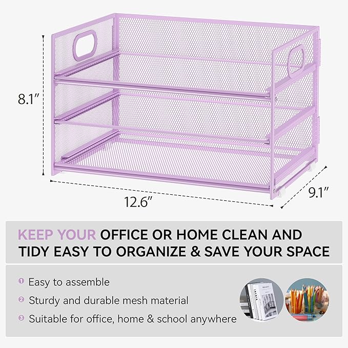 Subekyu 3 Tier Letter Tray Paper Organizer with Handle and 1 PC Sliding Tray, Purple Metal Mesh Desk File Folder Paper Sorter Organizer for Home Office School Desk Supplies Organization Storage-DeskLoop Office