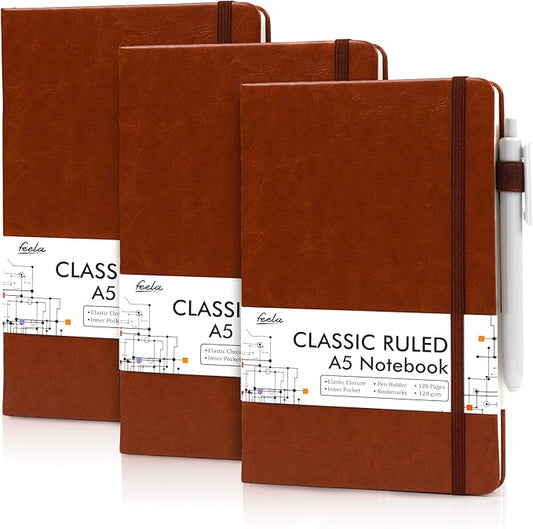 feela 3 Pack Notebooks Journals Bulk with 3 Black Pens, A5 Hardcover Notebook Classic Ruled Lined Journal Set with Pen Holder for Work Business Journaling Note Taking, 120 GSM, 5.1”x8.3”, Brown-DeskLoop Office