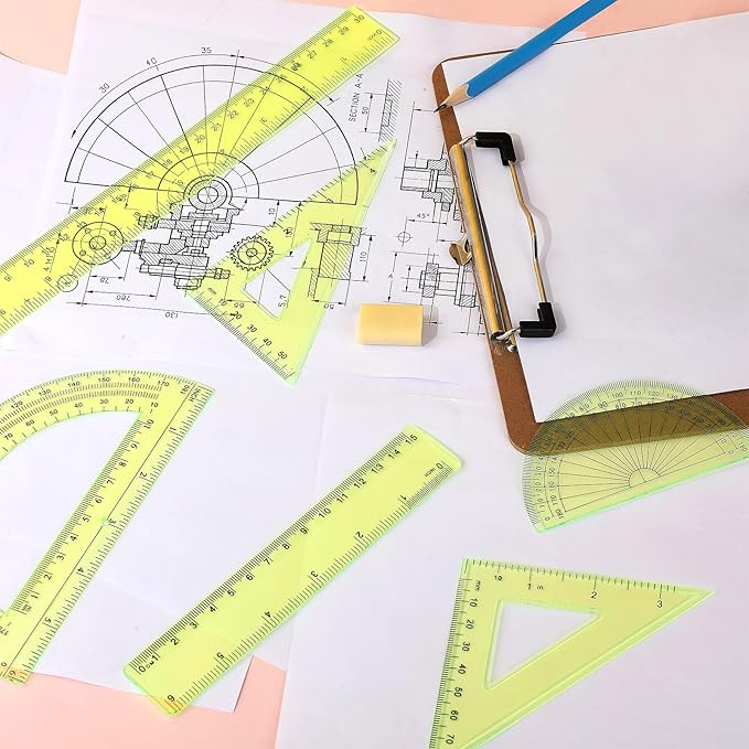 Tenare 1 Set Plastic Clear Math Set Includes Protractor Triangle Rulers 12 Inch 6 Inch Straight Geometry Math Transparent Ruler Measuring Tool for School Office Home Supplies(Yellow)-DeskLoop Office