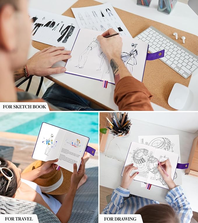 Blank Journal Notebook, A5 Hardcover Leather Sketchbook with 200 Pages Thick Blank Paper for Men Women, Unlined Drawing & Writing Journal, 5.9" x 8.4" Plain Notebook (purple)-DeskLoop Office