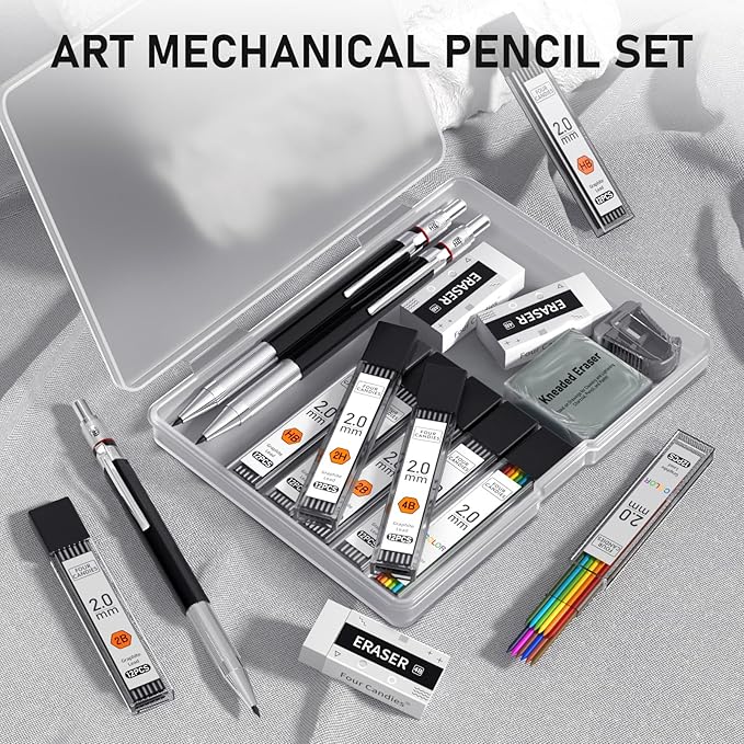 Four Candies 3PCS 2MM Mechanical Pencils with case, Artist Led Pencil Metal Lead Holder with 120 Graphite Lead Refills(HB 2H 2B 4B Color), 4 Erasers, Sharpener, Drafting Pencil for Drawing, Sketching-DeskLoop Office