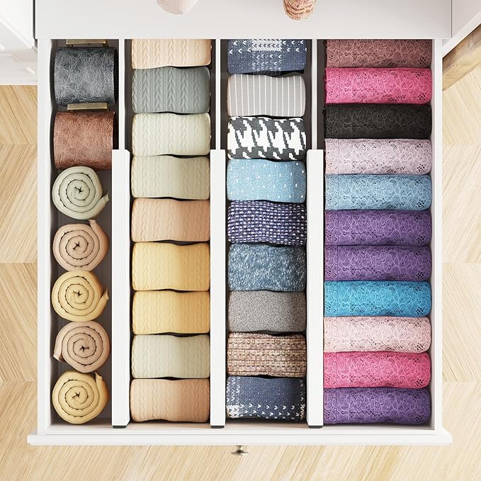 SpaceAid Bamboo Dresser Drawer Dividers 6 Pack, 4.65“ High Adjustable 12.5“-17” Drawer Organizers, Expandable Organization for Clothing, Clothes, Dressers, White-DeskLoop Office