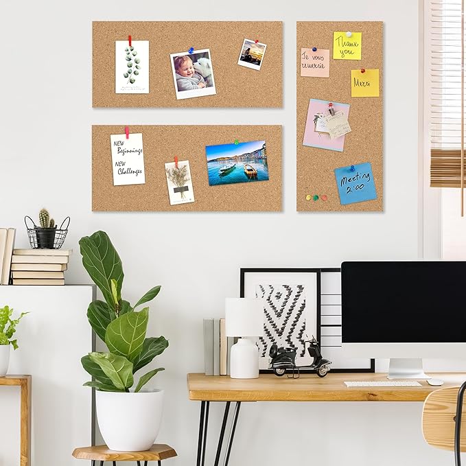 AKTOP Cork Board Bulletin Board 17"x8", 1/2" Thick Cork Board Tiles 10 Pack, Small Pin Board for Wall Decor, Self Adhesive Corkboards with 120 Push Pin Wood Clips for School, Home & Office-DeskLoop Office