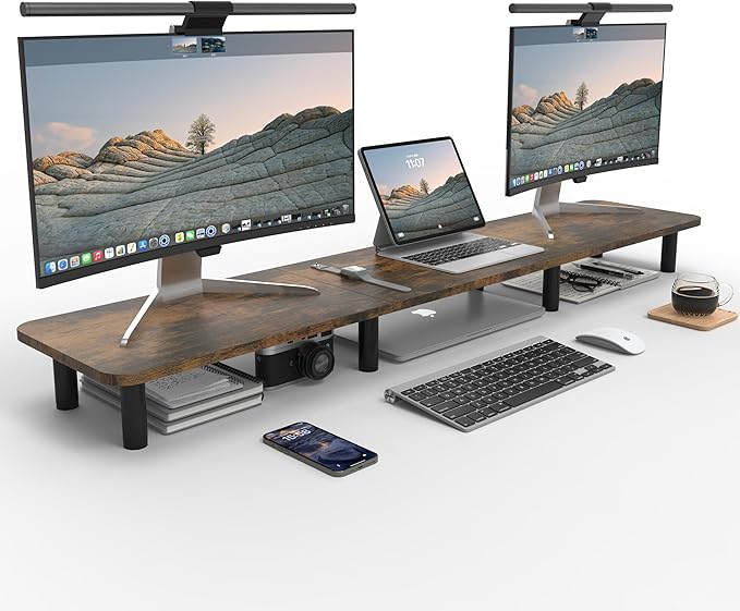 Dual Monitor Stand - 43.7 inch Extra Long Wide TV Stand - Wood & Steel Leg Desktop Riser - Desk Organization - Home Office (Vintage)-DeskLoop Office