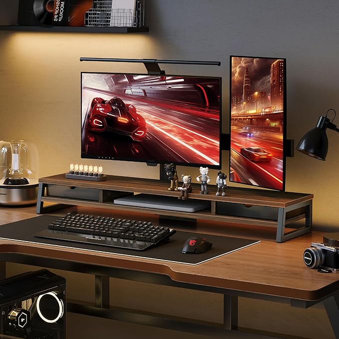 Fenge Dual Monitor Stand, Monitor Riser with Drawer, 42.5 Inch Large Computer Monitor Stand for 2 Monitors, 2 Tier Wooden Desk Shelf for Top of Desk-DeskLoop Office