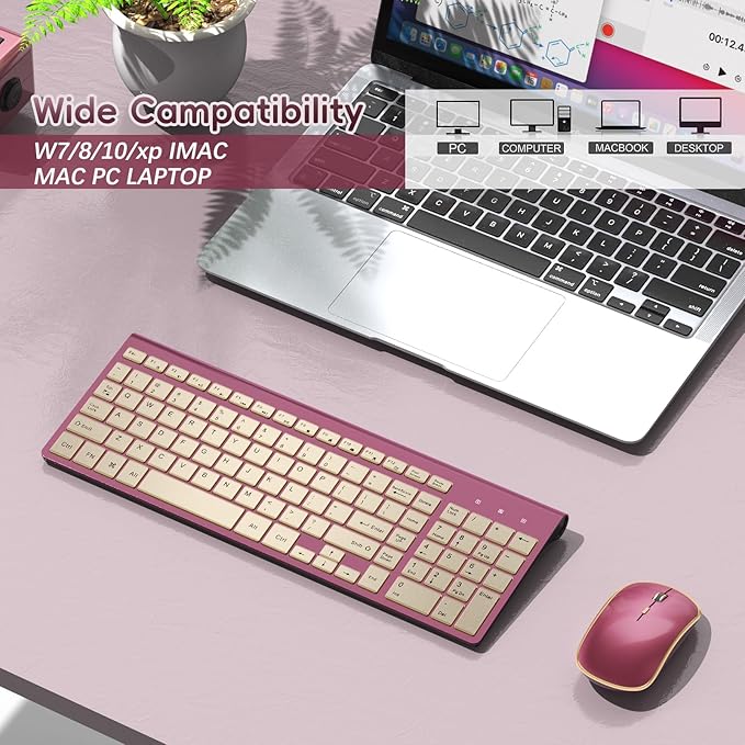 JOYACCESS Wireless Keyboard and Mouse, 2.4g Slim and Ergonomic Wireless Keyboard Mouse Combo- Full Size and Portable Design for Laptop/Windows/Computer-Wine Red Gold-DeskLoop Office
